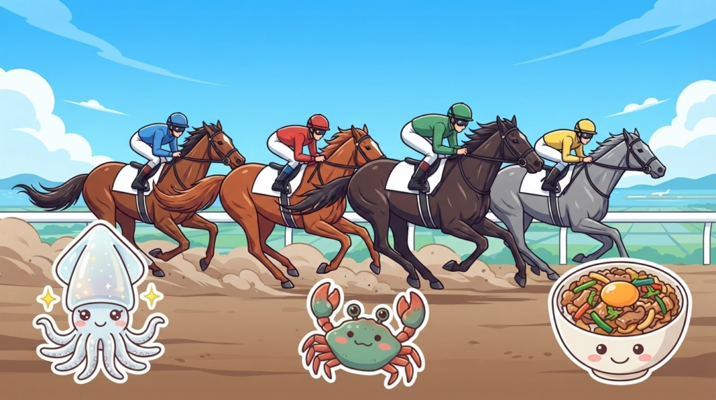 佐賀競馬場のレースと呼子のイカ・佐賀牛など名物を組み合わせたイラストアイキャッチ画像