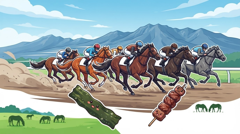 門別競馬場のレースと日高昆布・ひだか牛・牧場風景を組み合わせたイラストアイキャッチ画像