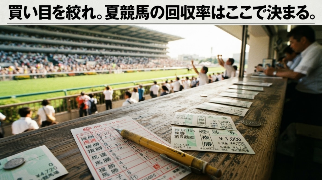 夏競馬の馬券購入をイメージしたマークカードと勝馬投票券のリアルな写真