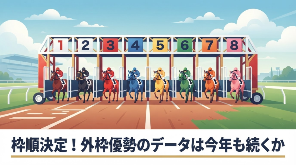 「函館2歳ステークスの枠順とスタートゲートをイメージした競馬場の画像」