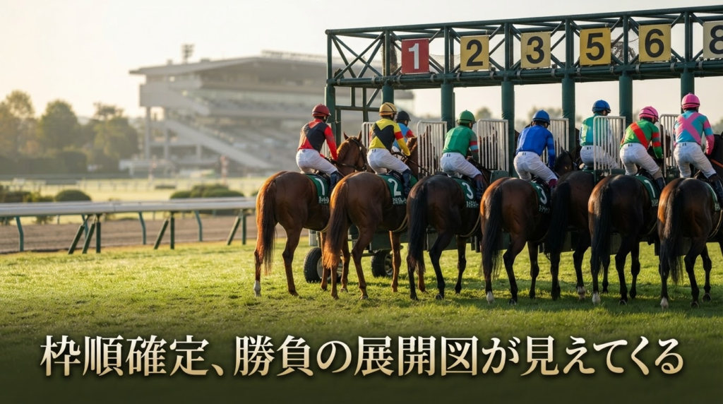 関屋記念の出走馬と枠順発表をイメージした競馬スタート地点の画像
