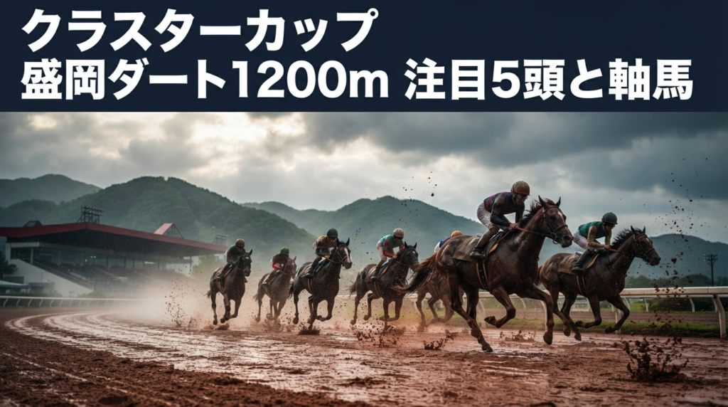 雨上がりの盛岡競馬場ダートコースを、複数の競走馬が力強く駆け抜ける競馬報道風イラスト。