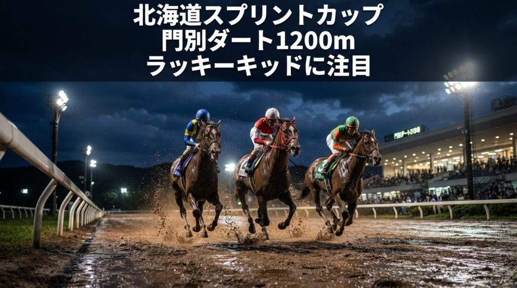 ナイター照明の門別競馬場ダートコースを、複数の競走馬が全力で走る北海道スプリントカップをイメージした報道風イラスト。