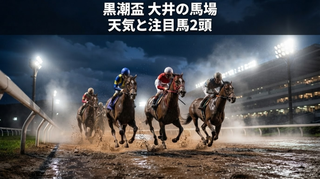 雨上がりの大井競馬場をイメージしたダートコースで、競走馬が接戦を繰り広げるナイター競馬のイラスト。