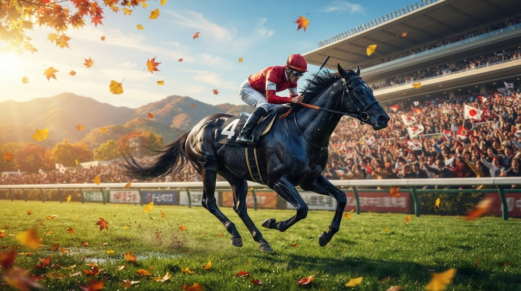 秋の中山競馬場でゴールに向けて力走する牝馬のリアルイラスト。オールカマー2026をイメージ。