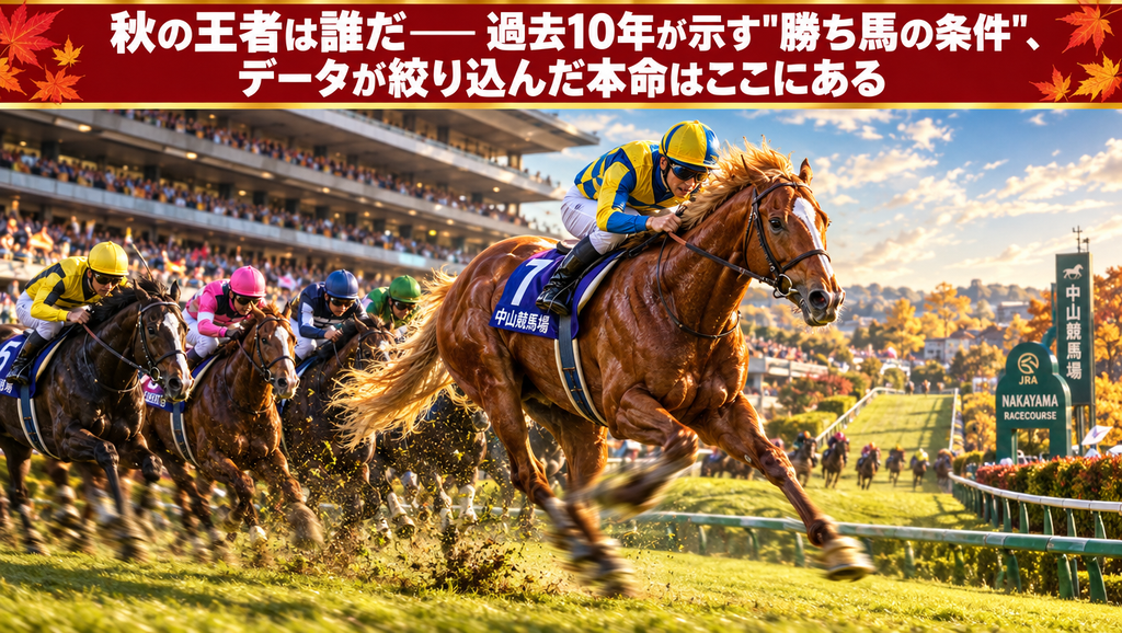 中山競馬場の秋の芝コースで激しいゴール前の攻防を繰り広げる競走馬たちのリアルイラスト(スプリンターズステークスイメージ)