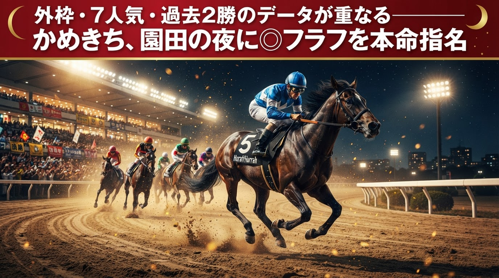 夜の園田競馬場のナイター照明の下、ダートコースを力強く駆け抜ける5番フラフのリアルイラスト