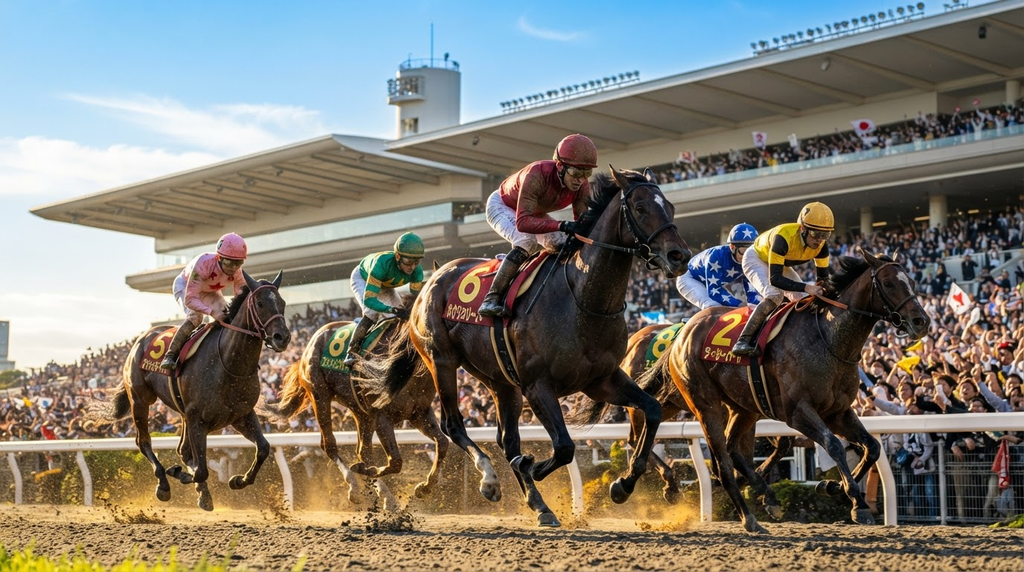 秋晴れの東京競馬場最終直線を疾走するサラブレッドたちのレース写真