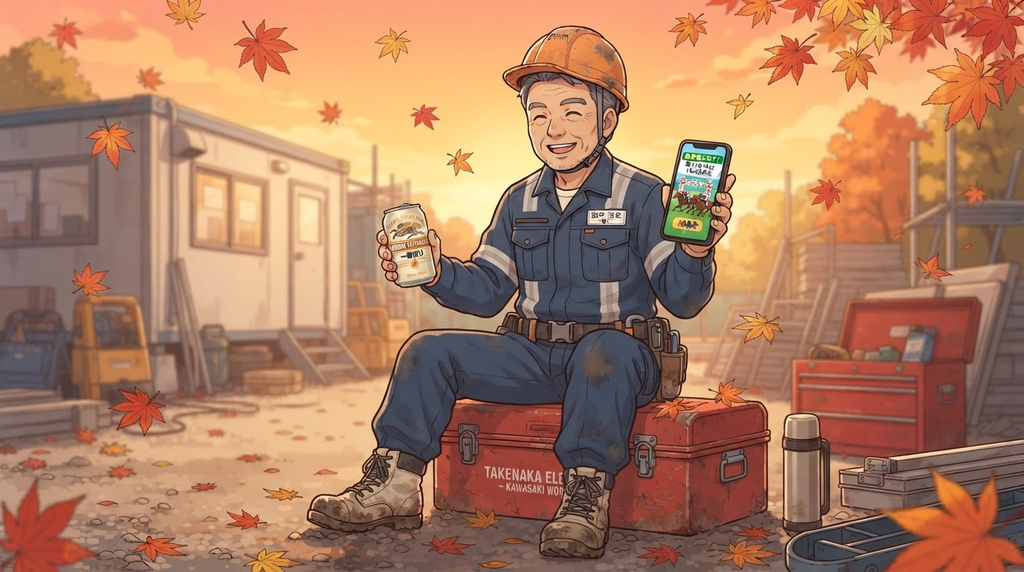 仕事終わりに競馬ニュースをチェックする電気工事士のイラスト