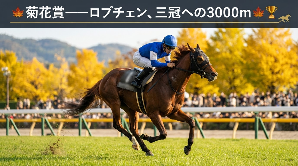 秋の京都競馬場の芝コースを疾走する競走馬と騎手。菊花賞の三冠挑戦を表したアイキャッチ