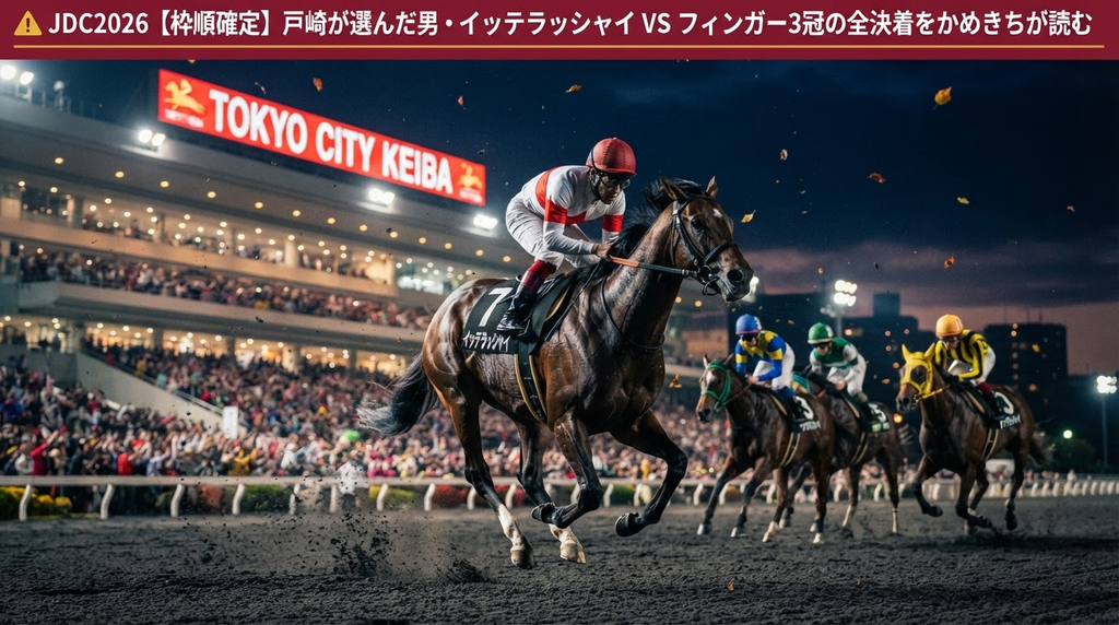 夜の大井競馬場ナイターダートコース最終直線を激走する3歳サラブレッドたちのリアルな競馬写真・ジャパンダートクラシック2026