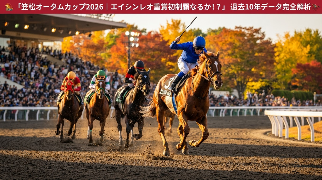 笠松競馬場ダート1900mを疾走するサラブレッドたち。秋の夕暮れのゴール前の激戦。