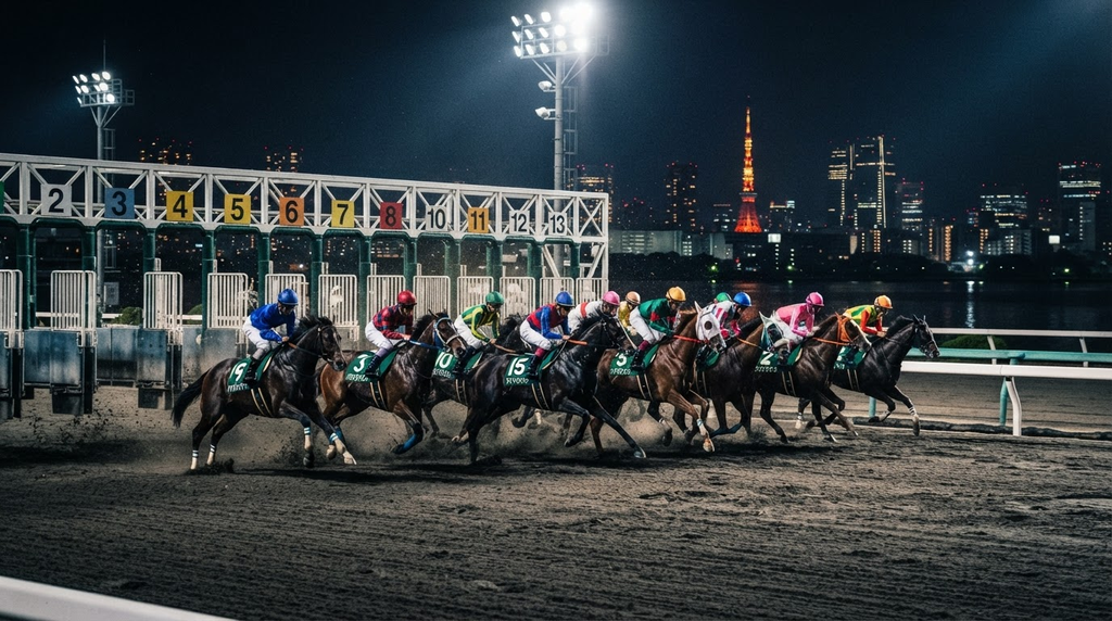 大井競馬場の夜レースでスタートを切る競走馬14頭