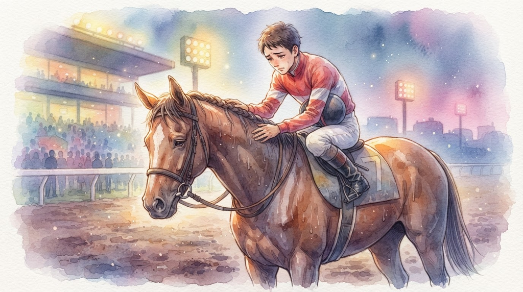 失速したサラブレッドと騎手のイラスト